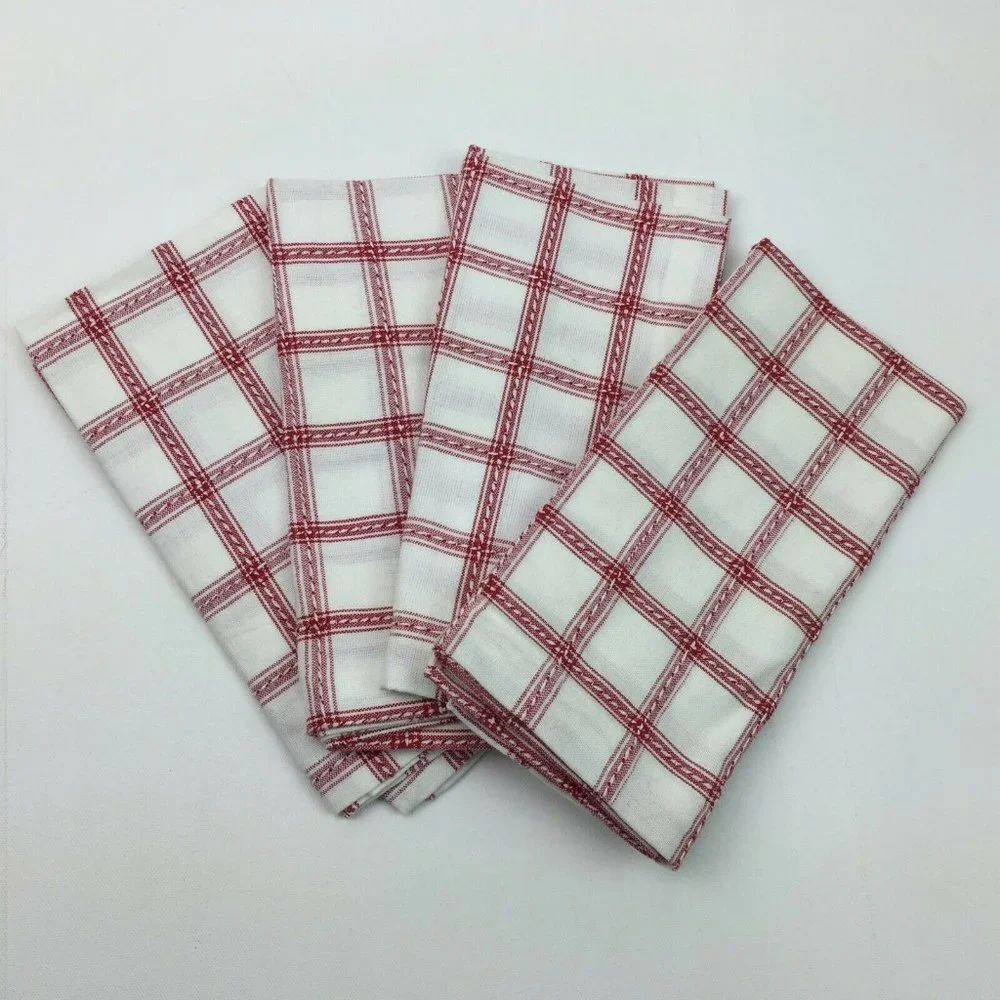 Cloth Linen Set 4 Dinner Napkins Square White Red Windowpane Plaid Kitchen